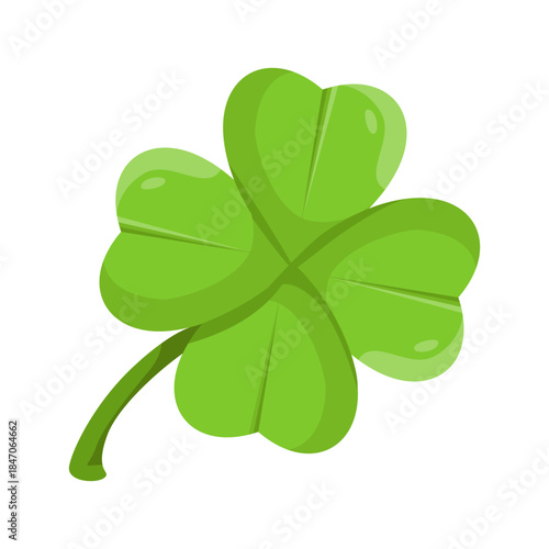 Bright green four leaf clover with heart shaped leaves in cartoon style on a white background. Concept of good luck and St. Patricks Day. Vector illustration