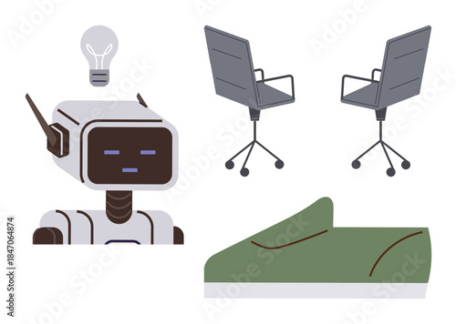 Robot with light bulb idea, two office chairs, and sneaker representing technology, creativity, teamwork, comfort, productivity, innovation and design. Ideal for tech office sportswear themes