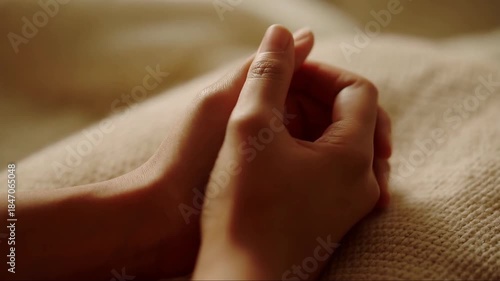 Close-up of unrecognizable woman's hands clasped together on soft beige knit blanket representing prayer, hope, or anxiety