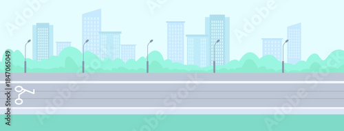 Empty highway with streetlights and green trees, urban skyline in background, flat style on light blue backdrop. Concept of modern city transport. Vector illustration