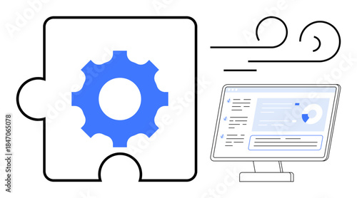 Technology, workflow management, automation, innovation, system integration, digital solutions. A gear symbol on a puzzle piece next to a computer screen. Technology and workflow management concept