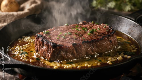 Cooking a Steak in a Skillet With Herbs and Spices for a Delicious Meal at Home