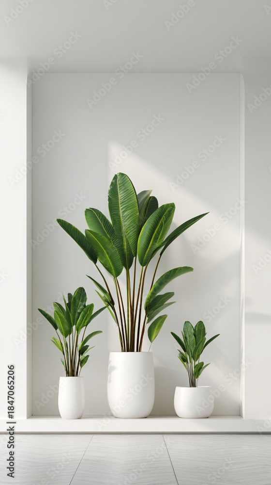 Fototapeta premium A modern interior featuring three elegant houseplants in white pots, creating a tranquil and stylish atmosphere ideal for home decor enthusiasts and interior designers alike.