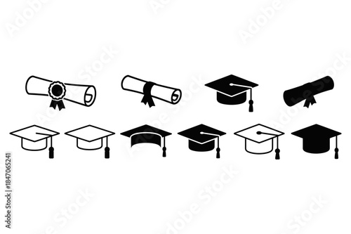 Minimalist graduation cap and diploma icons set