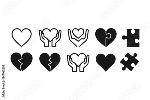Heart and hand icons set for love care and brokenness