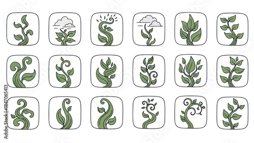 Green plant icon set various sprouts and leafy sprigs in square frames