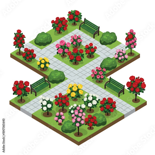 Isometric vector 3D view of a botanical garden with flowering plants, walking paths, benches, and visitors, educational green landscape and nature tourism concept