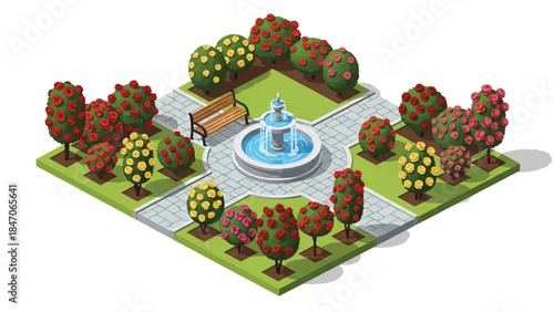 Isometric vector 3D view of a botanical garden with flowering plants, walking paths, benches, and visitors, educational green landscape and nature tourism concept