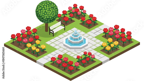 Isometric vector 3D view of a botanical garden with flowering plants, walking paths, benches, and visitors, educational green landscape and nature tourism concept