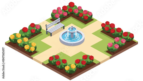 Isometric vector 3D view of a botanical garden with flowering plants, walking paths, benches, and visitors, educational green landscape and nature tourism concept