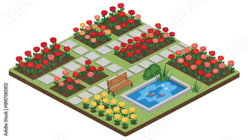 Isometric vector 3D view of a botanical garden with flowering plants, walking paths, benches, and visitors, educational green landscape and nature tourism concept