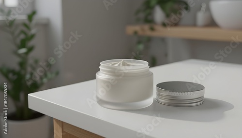 A jar with cosmetic cream and a lid on a white table