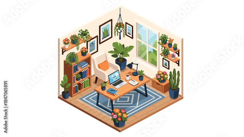 Isometric vector 3D view of a creative workspace surrounded by plants and flowers, calm and inspiring environment for productivity and design work