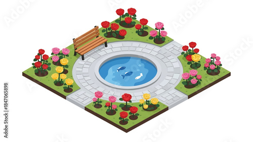 Isometric vector 3D view of a botanical garden with flowering plants, walking paths, benches, and visitors, educational green landscape and nature tourism concept