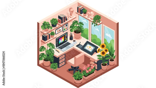 Isometric vector 3D view of a creative workspace surrounded by plants and flowers, calm and inspiring environment for productivity and design work