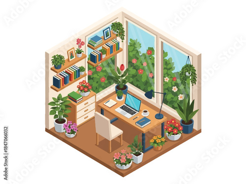 Isometric vector 3D view of a creative workspace surrounded by plants and flowers, calm and inspiring environment for productivity and design work