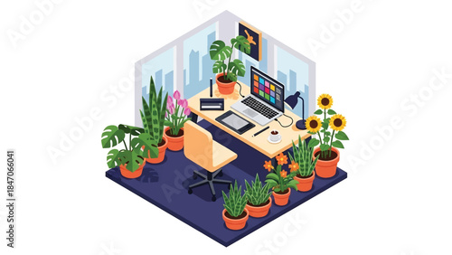 Isometric vector 3D view of a creative workspace surrounded by plants and flowers, calm and inspiring environment for productivity and design work