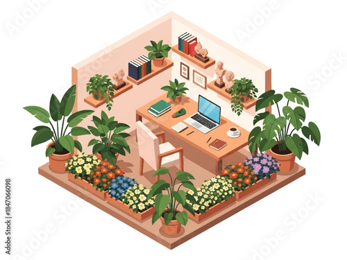 Isometric vector 3D view of a creative workspace surrounded by plants and flowers, calm and inspiring environment for productivity and design work