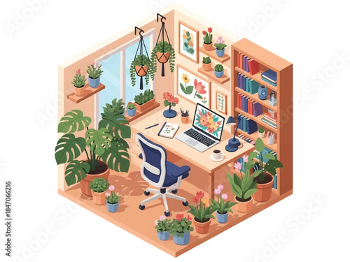 Isometric vector 3D view of a creative workspace surrounded by plants and flowers, calm and inspiring environment for productivity and design work