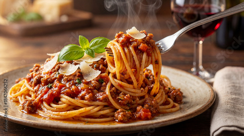 A fork lifting steaming Spaghetti Bolognese with rich meat sauce, shaved Parmesan, and fresh basil, served on a rustic plate, with a glass of red wine in the background.