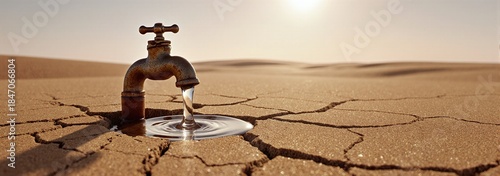 Faucet pouring rare water onto arid desert ground 
