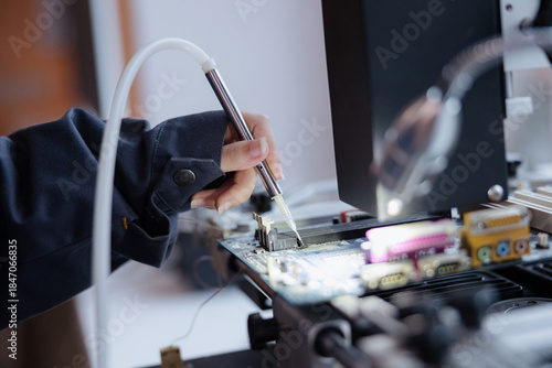Photos Precision craftsmanship in electronic circuit design at a modern technology work