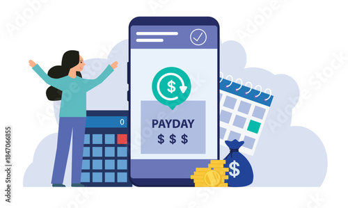 Payday concept illustration. Monthly payment in mobile app of bank account