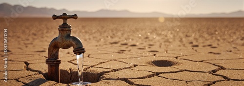 Faucet pouring rare water onto arid desert ground