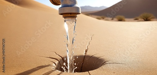 Faucet pouring rare water onto arid desert ground
