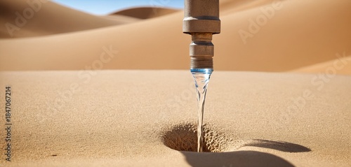Faucet pouring rare water onto arid desert ground