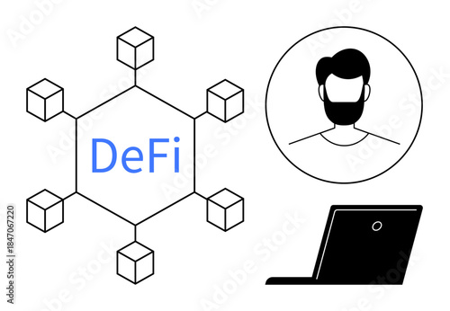 Financial technology, blockchain, DeFi systems, digital identity, online security, cryptocurrency. Blockchain network node structure, user profile and laptop. Financial technology and blockchain