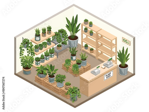 Isometric vector 3D view of an eco-friendly plant shop with recycled pots and lush displays, sustainable retail and green business concept