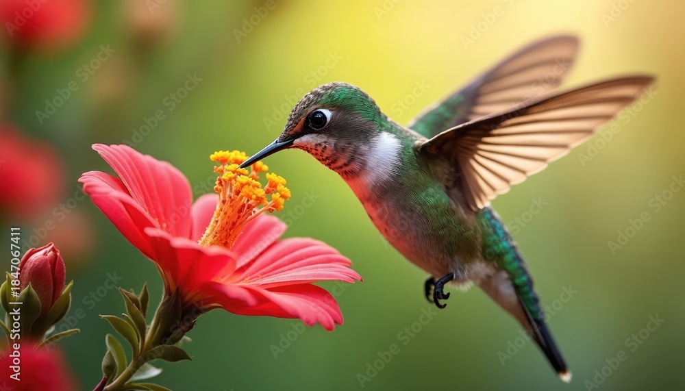 Obraz premium Tiny hummingbird hovering near bright red flower with yellow pollen. Small bird with green feathers drinks nectar with long beak. Wings beat fast, tiny bird flies.