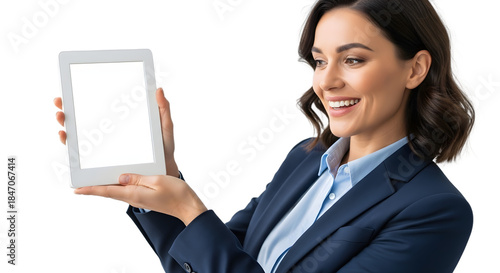 Smiling businesswoman showcases a modern digital tablet display perfect for showcasing your unique content and apps