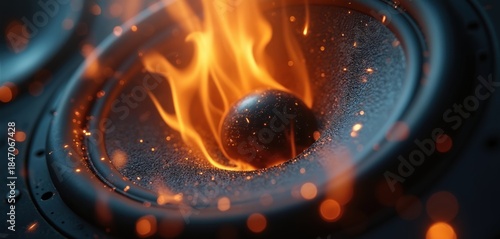 Pro speaker cone vibrating intensely with flames and sparks. High fidelity audio system generating powerful sound waves. Intense performance for music lovers, DJs, and producers.