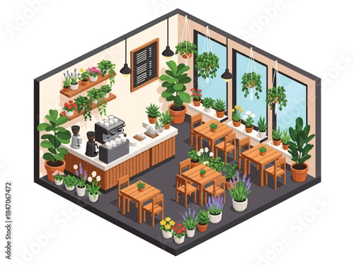 Isometric vector 3D view of a café interior decorated with plants and flowers, cozy nature-inspired ambiance and modern lifestyle scene
