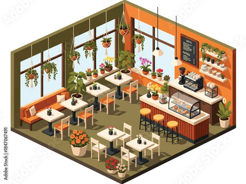 Isometric vector 3D view of a café interior decorated with plants and flowers, cozy nature-inspired ambiance and modern lifestyle scene