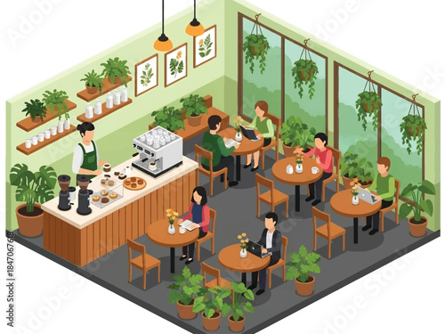 Isometric vector 3D view of a café interior decorated with plants and flowers, cozy nature-inspired ambiance and modern lifestyle scene
