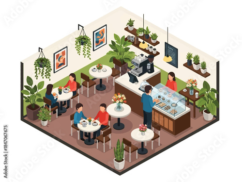 Isometric vector 3D view of a café interior decorated with plants and flowers, cozy nature-inspired ambiance and modern lifestyle scene