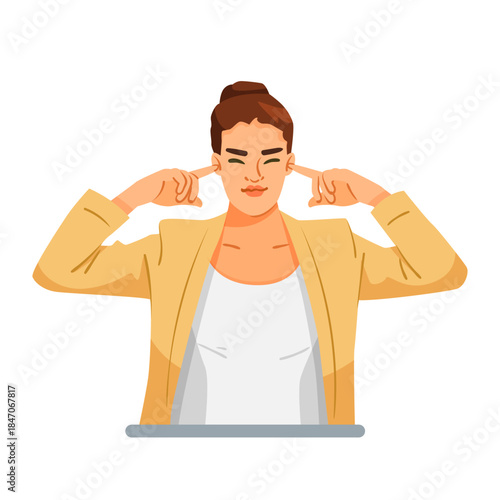 Woman with closed eyes covering ears using fingers to block out loud noise, flat cartoon style on white background. Concept of noise pollution. Vector illustration