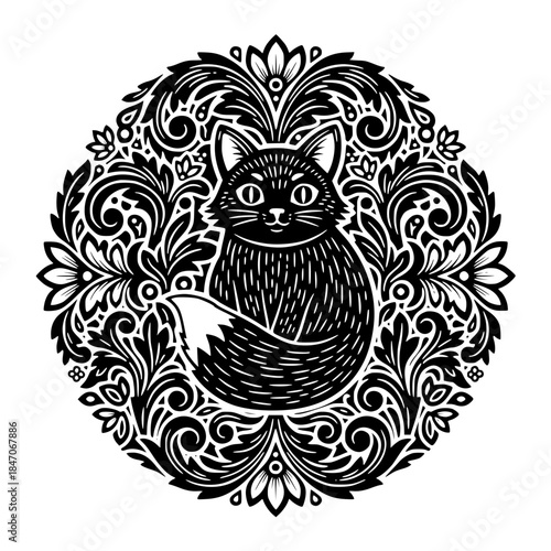 Cat Mandala Black and White Ornamental Line Art