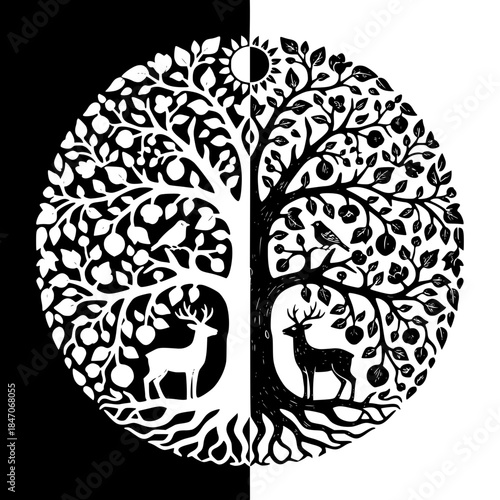 Black and white tree of life mandala with deer, roots and branches, yin yang split symmetry, folk art style decorative line illustration