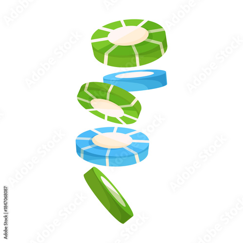 Green and blue casino chips falling in mid-air, cartoon graphic style, isolated on white background. Concept of gambling or luck. Vector illustration