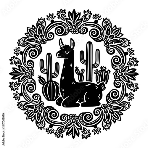 Black and white llama mandala with cactus and desert floral patterns, circular symmetry, folk art style decorative line illustration