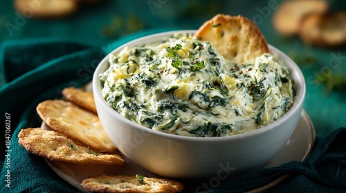 Creamy spinach artichoke dip served in a small white bowl, crisp forest-green backdrop