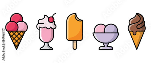 Colorful Ice Cream Icon Set with Waffle Cone Scoops, Soft Serve Sundae in Glass, and Popsicle on Stick Isolated on White