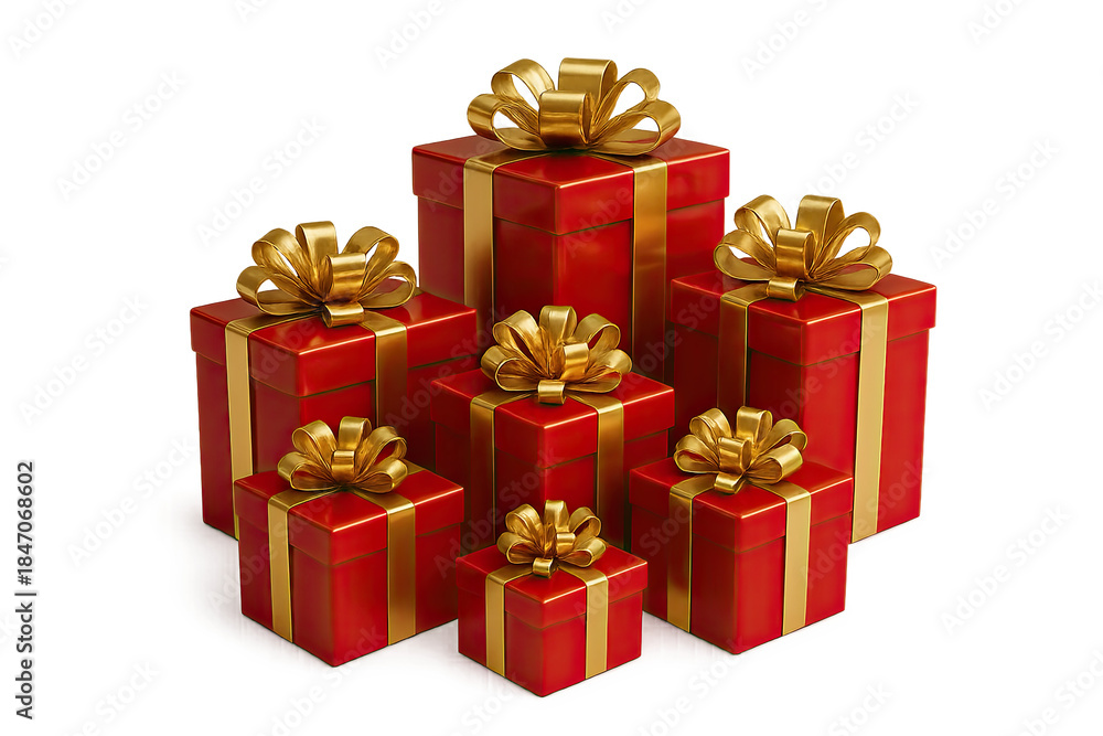 Obraz premium Stack of red Christmas gift boxes with golden ribbons, isolated on transparent background. Festive holiday presents in realistic 3D style, PNG with alpha channel.