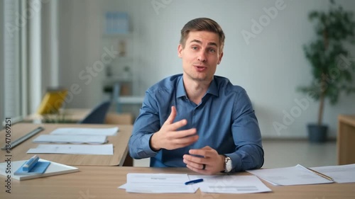 Confident businessperson explaining something while sitting at a desk and gesturing with his hands Stock Video