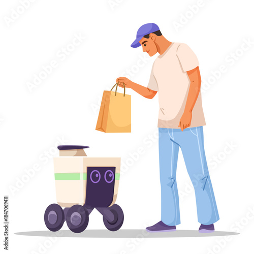 Man picks up paper bag from small autonomous delivery robot, cartoon style on white background. Concept of modern contactless delivery. Vector illustration