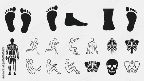 Human anatomy and exercise icons with feet skeletons and running figures